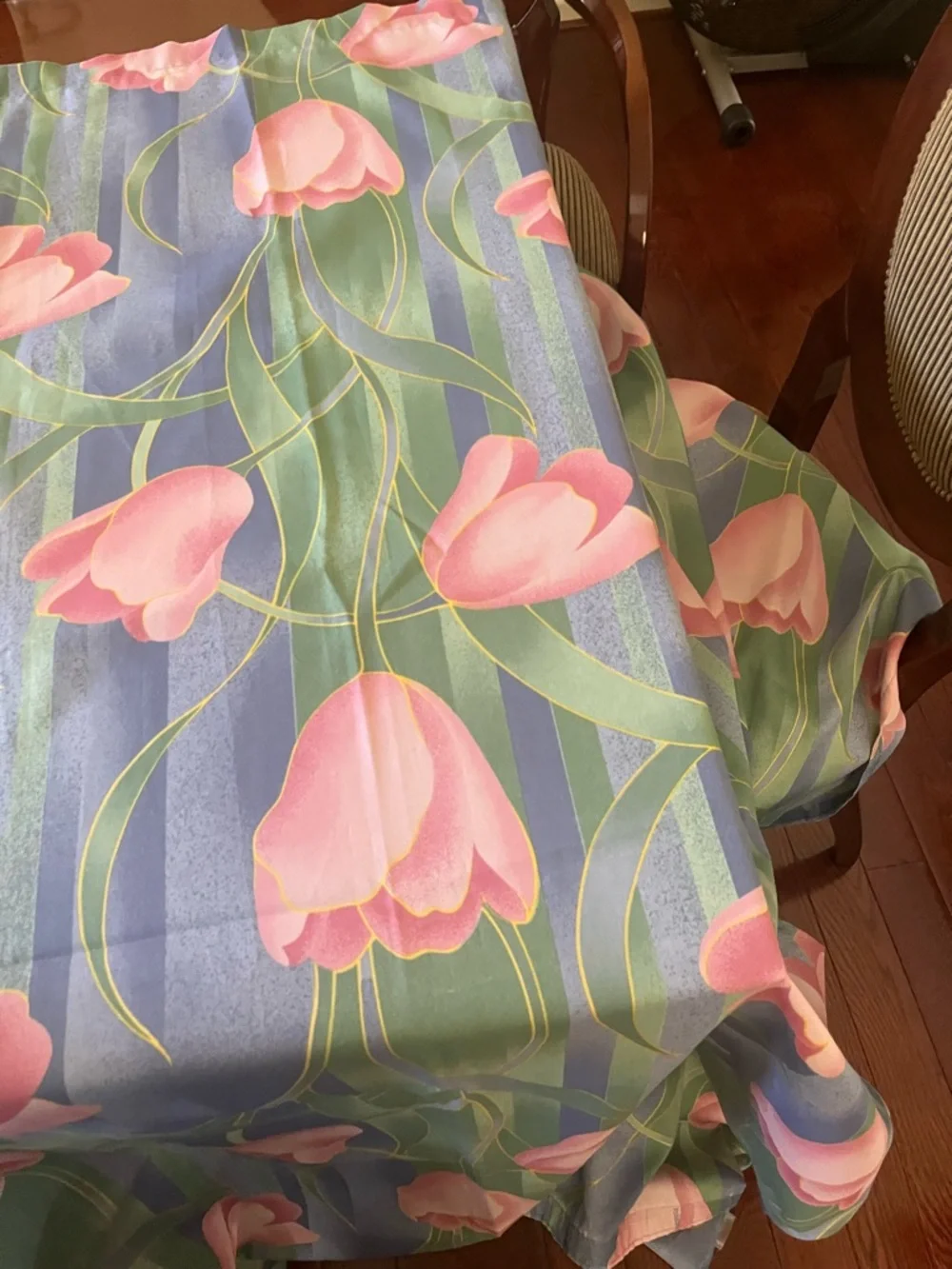 Floral Pink Tulip Shower Curtain Panel - Green & Blue Background